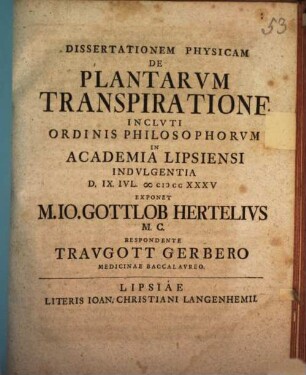 Dissertationem Physicam De Plantarvm Transpiratione