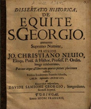 Dissertatio historica de equite S. Georgio ...