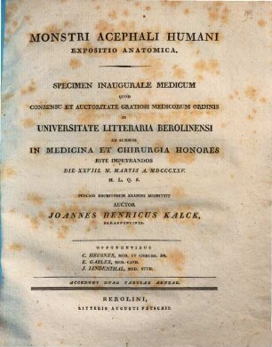 Monstri acephali humani expositio anatomica : specimen inauguralis medica