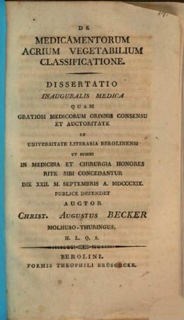 De medicamentorum acrium vegetabilium classificatione : dissertatio inauguralis medica