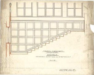 Pfann, Paul; München, Möhlstr.; Wohnhaus O. Bischoff - Ostwand u. II. Treppenlauf der Diele (Ansicht m. Schnitt)