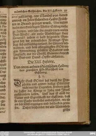 Die XIII. Historie. Von einem andern Sächsischen Helden, dem gewesenen Feld-Marschall von Schöning.