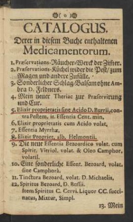 Catalogus Derer in diesem Buche enthaltenen Medicamentorum