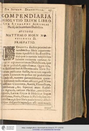 COMPENDIARIA RESOLVTIO TRIVM LIBRORVM RVDOLPHI AGRICOLAE Phrisij de Inuentione Dialectica.