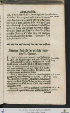Kurtzer Inhalt der nachfolgenden VI. Bücher.