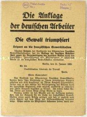 Flugschrift mit einem Schreiben von Theodor Leipart an die Confédération Générale du Travail im Zuge der Ruhrbesetzung