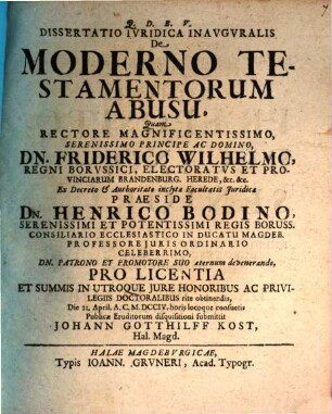 Dissertatio Ivridica Inavgvralis De Moderno Testamentorum Abusu