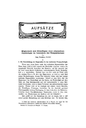 Möglichkeiten und Grundlagen einer allgemeinen Psychologie im besondern der Tierpsychologie