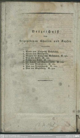 Verzeichniß der beigegebenen Charten und Kupfer