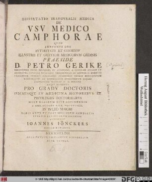 Dissertatio Inavgvralis Medica De Vsv Medico Camphorae