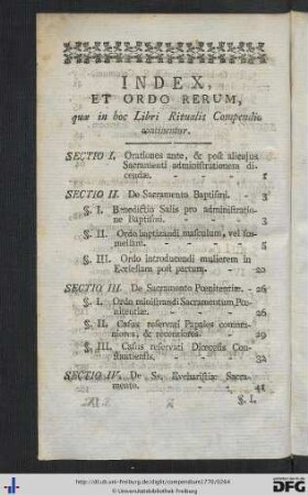 Index Et Ordo Rerum, quae in hoc Libri Ritualis Compendio contintentur.