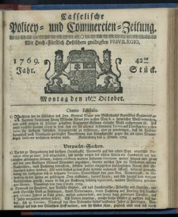42tes Stueck, Montag den 16ten October 1769