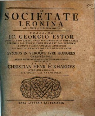 De Societate Leonina : Ad L. XXIX. § II. D. Pro Socio