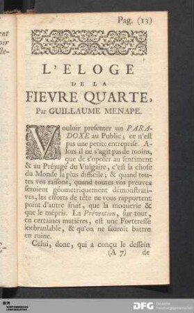 L'Eloge De La Fievre Quarte