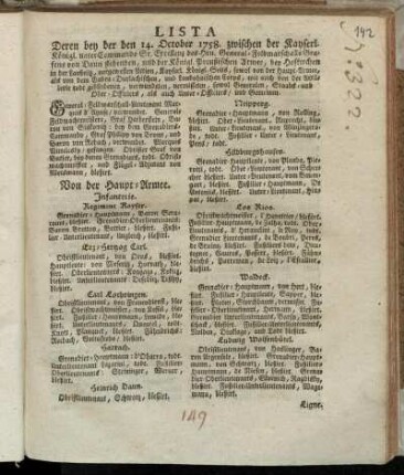 Lista Deren bey der den 14. October 1758. zwischen der Kayserl. Königl. unter Commando Sr. Excellenz des Hrn. General-Feldmarschalls Grafens von Daun stehenden, und der Königl. Preußischen Armee, bey Hofkirchen in der Laußnitz, vorgewesten Action ... todt gebliebenen, verwundeten, vermisseten, sowol Generalen, Staabs- und Ober-Officiers, als auch Unter-Officiers, und Gemeinen