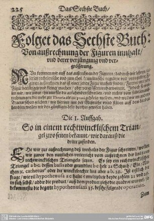 Folget das Sechste Buch: Von außrechnung der Figuren innhalt/und derer verjüngung und vergrösserung.