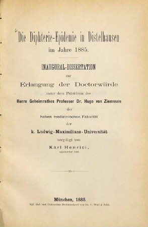 Die Diphtherie-Epidemie in Distelhausen im Jahre 1885 : Inaug.-Diss.