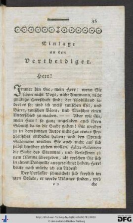 Einlage an den Vertheidiger.