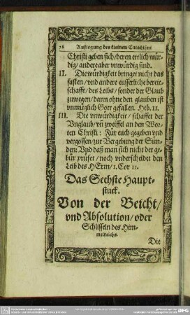 Das Sechste Hauptstuck. Von der Beicht, und Absolution, oder Schlisseln des Himmelreichs