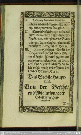 Das Sechste Hauptstuck. Von der Beicht, und Absolution, oder Schlisseln des Himmelreichs