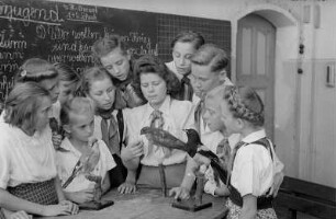 Reportage aus einer Schule in Berlin-Köpenick : Lehrerin mit Schülern vor Vogel-Präparaten