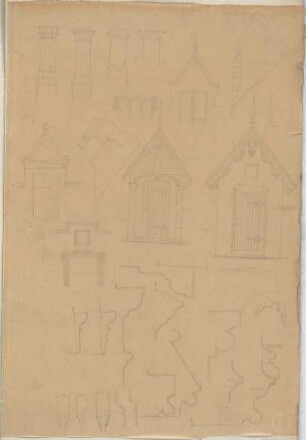 Zocher, Ernst; Architektur- Ornament- und Figurenstudien - Gebäude (Aufrisse, Details); Säulen (Teilansichten); Profile (Schnitte)