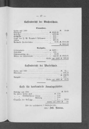 Kasse für konfirmierte Sonntagsschüler.