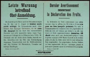 "Letzte Warnung betreffend Obst-Anmeldung" (Aufforderung zur Anmeldung der zu erwartenden Obsternte) (No. 338)