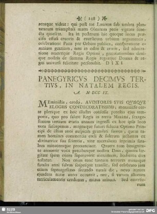 Panegyricus Decimus Tertius, In Natalem Regis. A. MDCCIX.