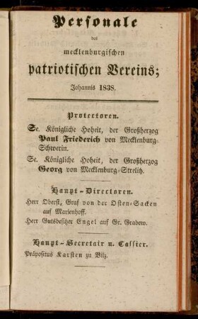 Personale des mecklenburgischen patriotischen Vereins; Johannis 1838