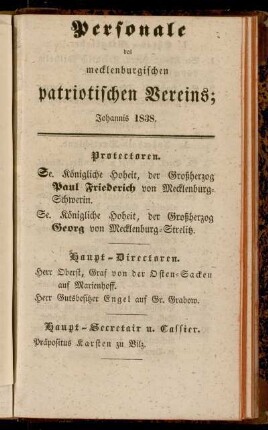 Personale des mecklenburgischen patriotischen Vereins; Johannis 1838