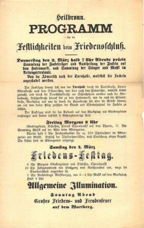 Programm für die Feierlichkeiten zum Friedensschluss nach dem Krieg 1870/71