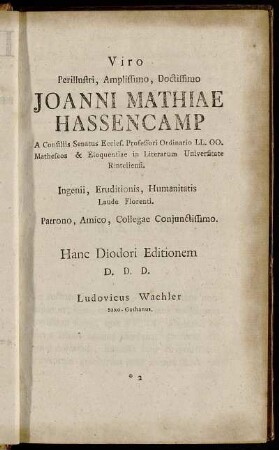 Viro Perillustri, Amplissimo, Doctissimo Joanni Mathiae Hassencamp[...]