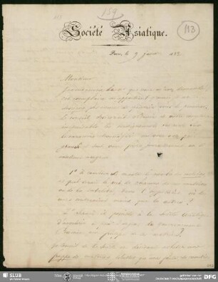 Eigenh. Brief auf Vordruck von Eugène Burnouf an August Wilhelm von Schlegel, Paris, 09.01.1832