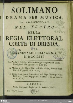 Solimano : Drama Per Musica, Da Rappresentarsi Nel Teatro Della Regia Elettoral Corte Di Dresda, Nel Carnevale Dell' Anno MDCCLIII