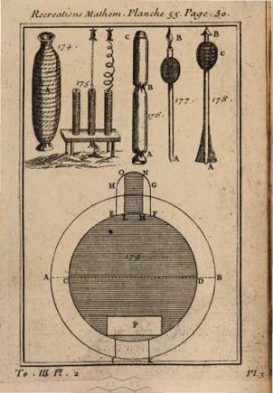 Recreations Mathematiques Et Physiques : Qui Contiennent Plusieurs Problêmes d'Arithmétique, de Géometrie, de Musique, d'Optique, de Gnomonique, de Cosmographie, de Mécanique, de Pyrotechnie, & de Physique. Avec un Traité des Horloges Elementaires, [3,a]. [Tafeln]