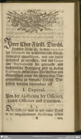 I. Capitul. Von der Ajustirung der Officiers, Unter-Officiers und Gemeinen