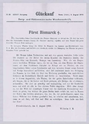 "Todesanzeige von Fürst Otto von Bismarck"