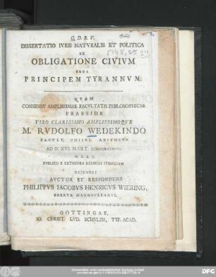 Dissertatio Ivris Natvralis Et Politica De Obligatione Civivm Erga Principem Tyrannvm