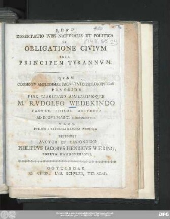 Dissertatio Ivris Natvralis Et Politica De Obligatione Civivm Erga Principem Tyrannvm