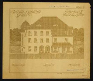 Bad Gottleuba, Heilstätte Gottleuba, Logierhaus IV. Ansicht Gartenseite, Aufriss, Schilling & Graebner, Dresden, um 1910. Lichtpause mit Ergänzung in Tinte und Stempel, Tinte/Papier. 36 x 40 cm. Maßstab 1 : 100. Bez.: "Arbeiter-Heilstätte Gottleuba. Logierhaus IV. Ansicht vom Garten. Blatt: 6."