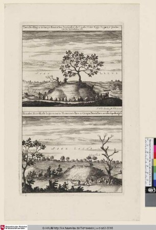 Suecia Antiqua et Hodierna; oben: [Grabhügel in Smaland an einem See]; unten: [Grabhügel an einem See]
