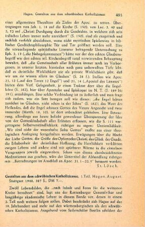 491-493 [Rezension] Hagen, August, Gestalten aus dem schwäbischen Katholizismus; 1. Teil