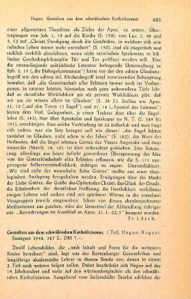 491-493 [Rezension] Hagen, August, Gestalten aus dem schwäbischen Katholizismus; 1. Teil