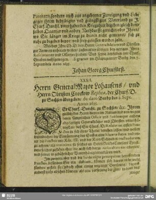XXXII. Herrn GeneralMajor Lohausens, und Herrn Obristen Crockow Replica, der Churf. D. zu Sachsen übergeben, de dato Barby den 8. Sept. Anno 1635