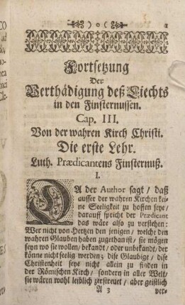 Fortsetzung Der Verthädigung deß Liechts in den Finsternussen. Cap. III. Von der wahren Kirch Christi.