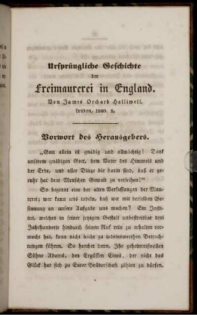 Ursprüngliche Geschichte der Freimaurerei in England. Vorwort des Herausgebers