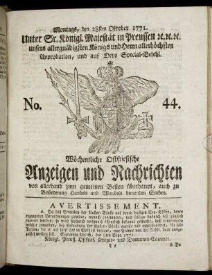 No. 44. Montags, den 28sten Oktober 1771.