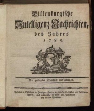 1789: Dillenburgische Intelligenz-Nachrichten des Jahres 1789