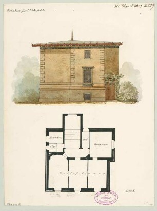 Ländliches Wohnhaus, Berlin-Lichterfelde Monatskonkurrenz April 1881: Grundriss Obergeschoss, Aufriss Seitenansicht